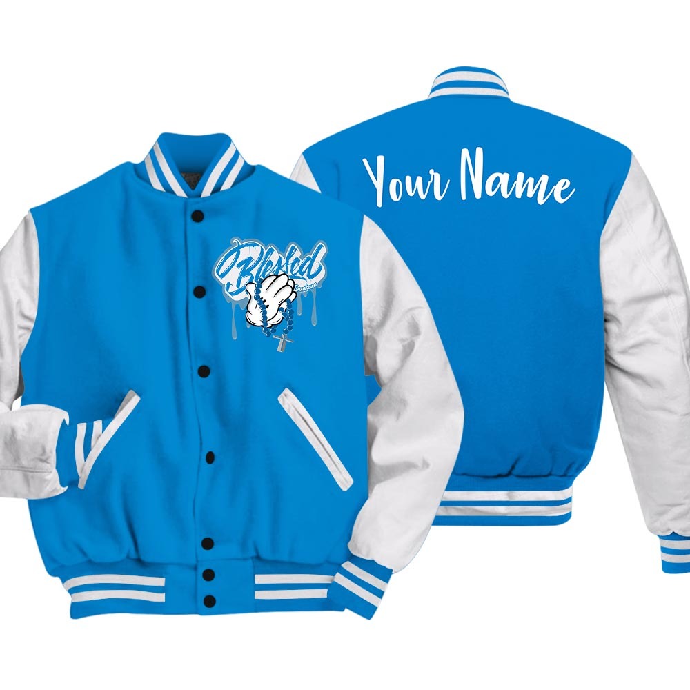 Dunkare Varsity Streetwear Custom Name God Blessed Drip, 4 Military Blue T-Shirt, To Match Sneaker Military Blue 4s Baseball Varsity Jacket 1704 NCT