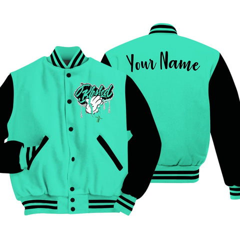 Dunkare Varsity Streetwear Custom Name God Blessed Drip, 3 Green Glow T-Shirt, Sneaker Black Green Glow 3s Baseball Varsity Jacket 1704 NCT
