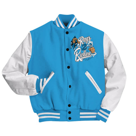 Dunkare Varsity Streetwear Custom Name Rag 2 Riches, 9 Powder Blue T-Shirt, Sneaker Powder Blue 9s Baseball Varsity Jacket 1604 NCT
