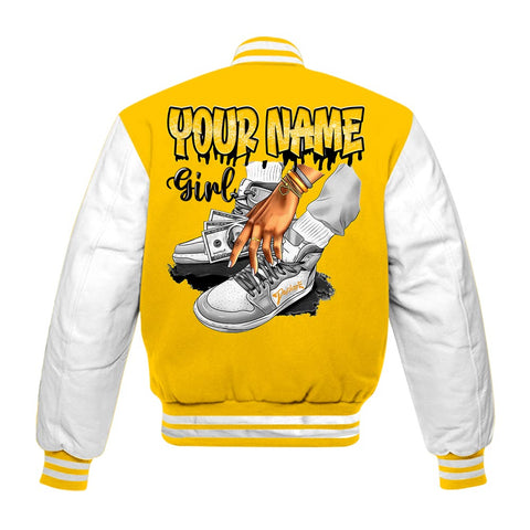 Dunkare Varsity Streetwear Custom Name Sneaker Girl Money, 4 Vivid Sulfur T-Shirt, Sneaker Vivid Sulfur 4s Baseball Varsity Jacket 1604 NCT