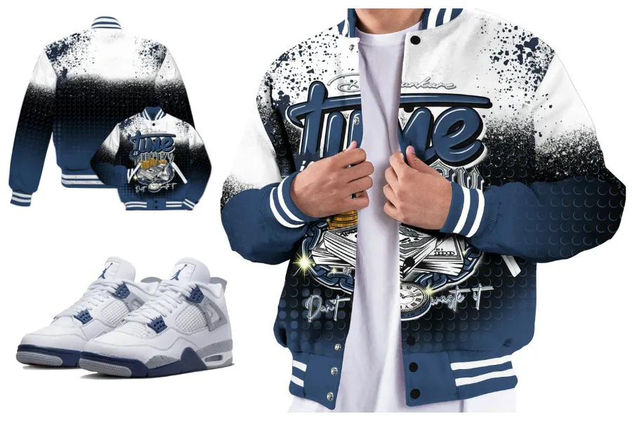 Halftone Time Is Money All Over Print Baseball Varsity Jacket
