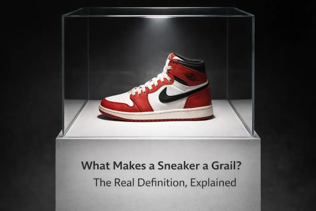 A single sneaker under glass in museum-style display — dramatic overhead lighting, clean minimal background