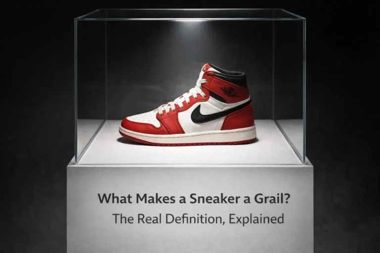 A single sneaker under glass in museum-style display — dramatic overhead lighting, clean minimal background