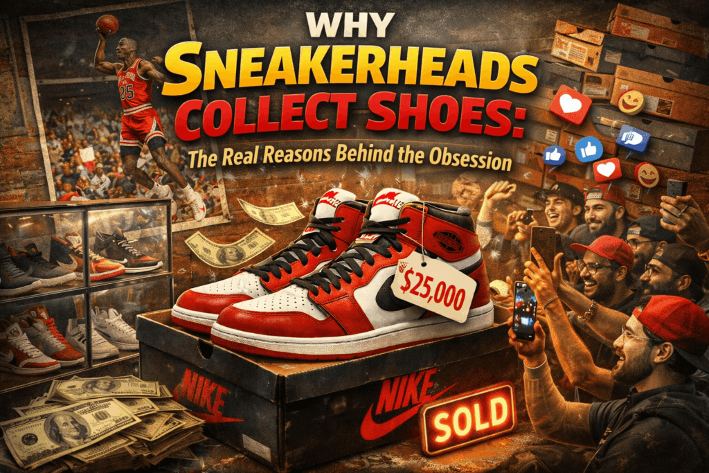 Sneakerhead standing in front of a floor-to-ceiling shelving display of sneakers, well-lit and organized by colorway