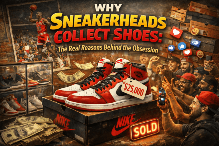 Sneakerhead standing in front of a floor-to-ceiling shelving display of sneakers, well-lit and organized by colorway