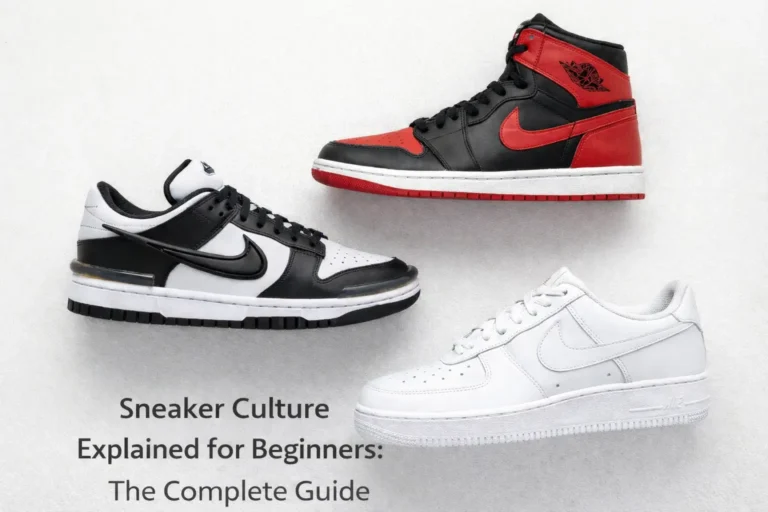 Flat lay of 3–4 iconic sneaker silhouettes — AJ1, Nike Dunks, AF1 — on a clean minimal surface