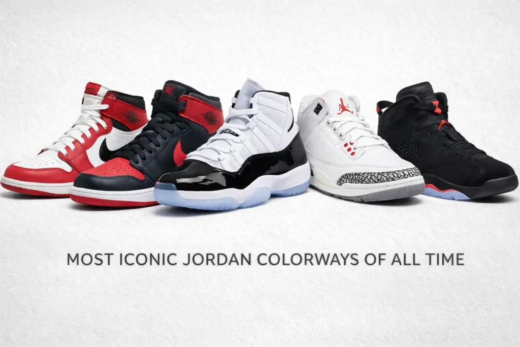 Flat-lay hero shot of 5 iconic Jordan colorways — AJ1 Chicago, AJ1 Bred, AJ11 Concord, AJ3 White Cement, AJ6 Infrared
