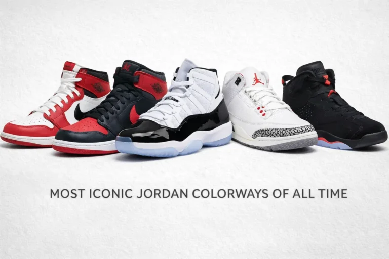 Flat-lay hero shot of 5 iconic Jordan colorways — AJ1 Chicago, AJ1 Bred, AJ11 Concord, AJ3 White Cement, AJ6 Infrared