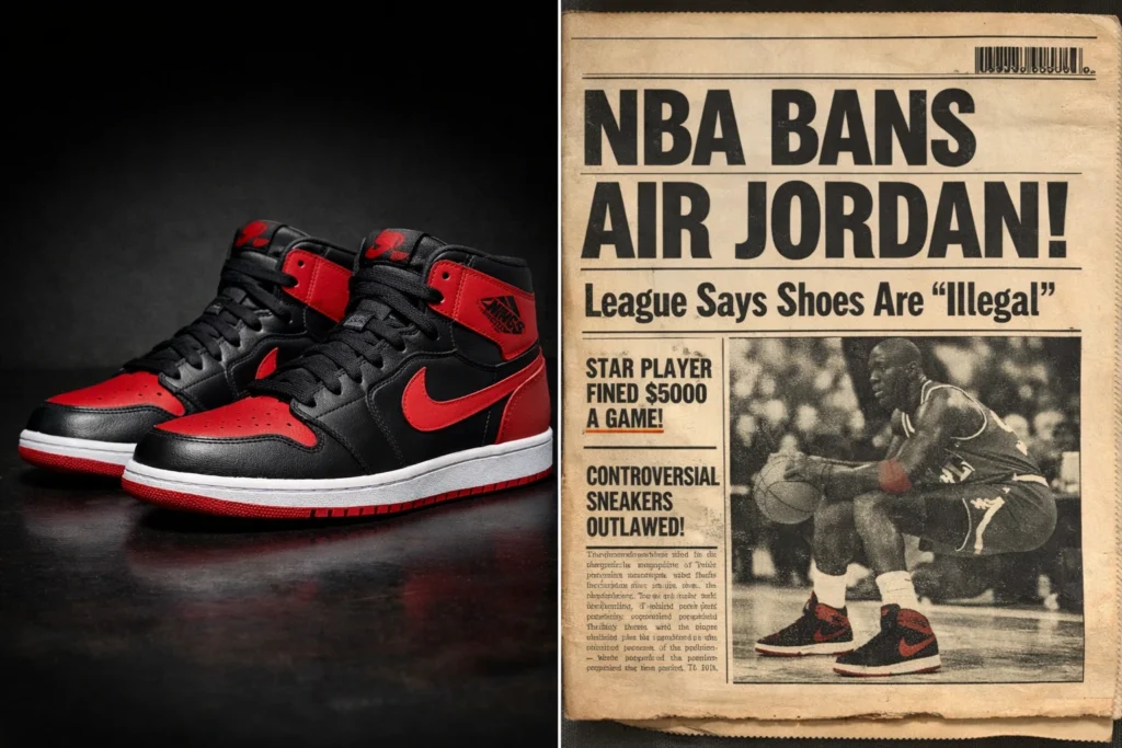 Side-by-side of the original Air Jordan 1 Bred colorway and a newspaper headline about the NBA ban
