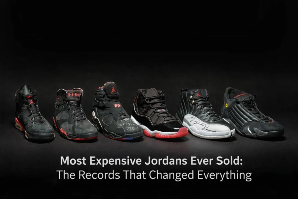 Sotheby's display of the Dynasty Collection - six individual game-worn Jordan sneakers laid out on a clean surface with auction house signage