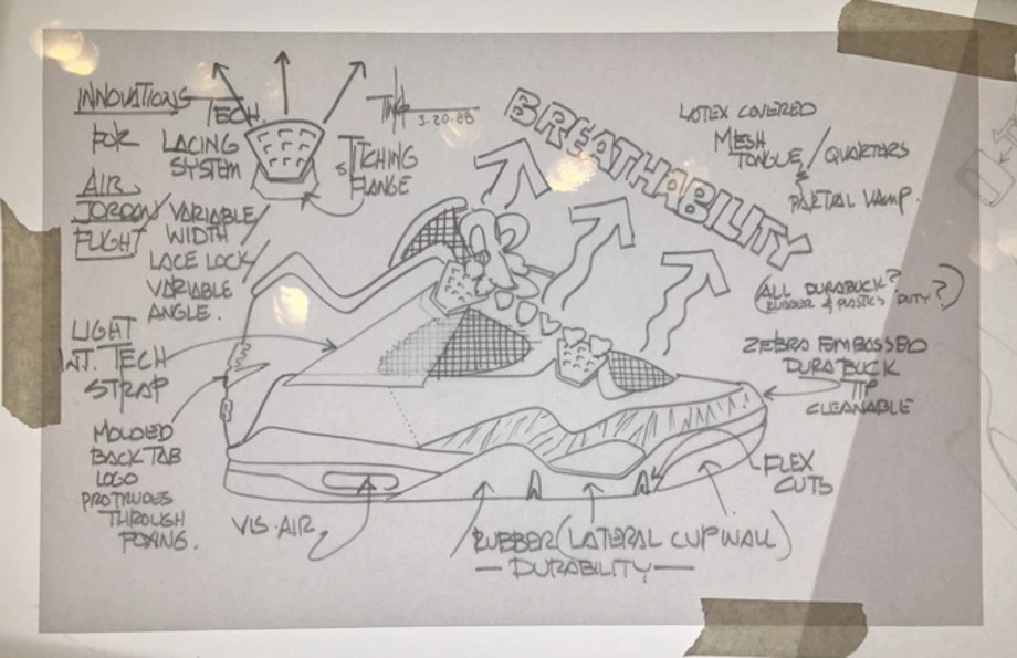 Tinker Hatfield sketching or holding early Air Jordan design prototypes