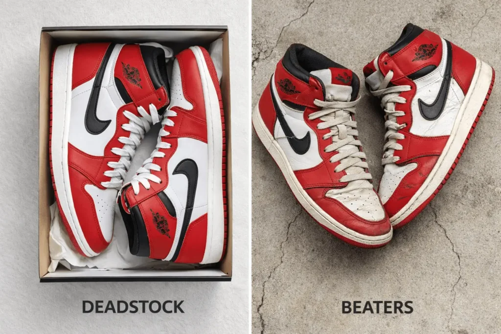  a pristine DS pair still in its original box versus a well-worn beater pair with visible flex marks on the toebox